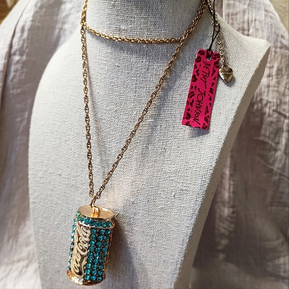 Betsey Betsy Johnson Aquamarine Rhinestone Coca Cola Coke Soda Can Necklace NWT - Picture 1 of 16